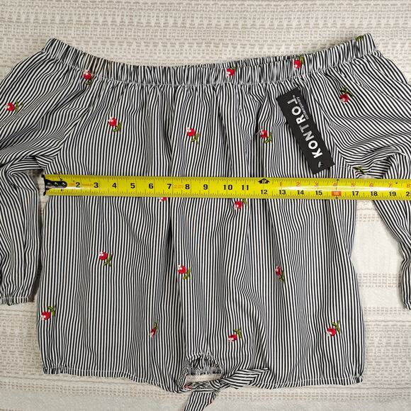 Kontrol Off Shoulder Floral Stripe Blouse Cute Tie Front 3/4 Sleeve XL NWT - Picture 3 of 6
